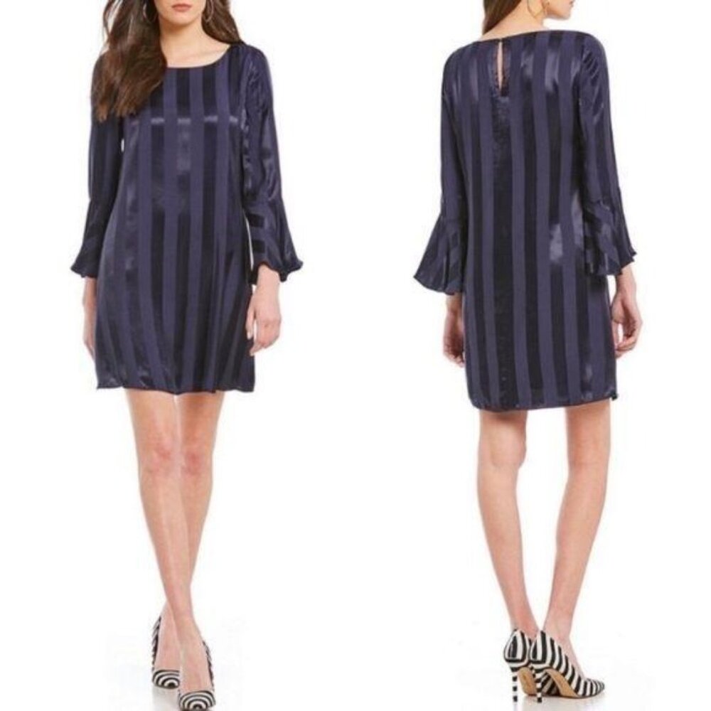 Cremieux Selina Tulip Sleeve Striped Satin Dress Size 28 Navy Blue Size XS New